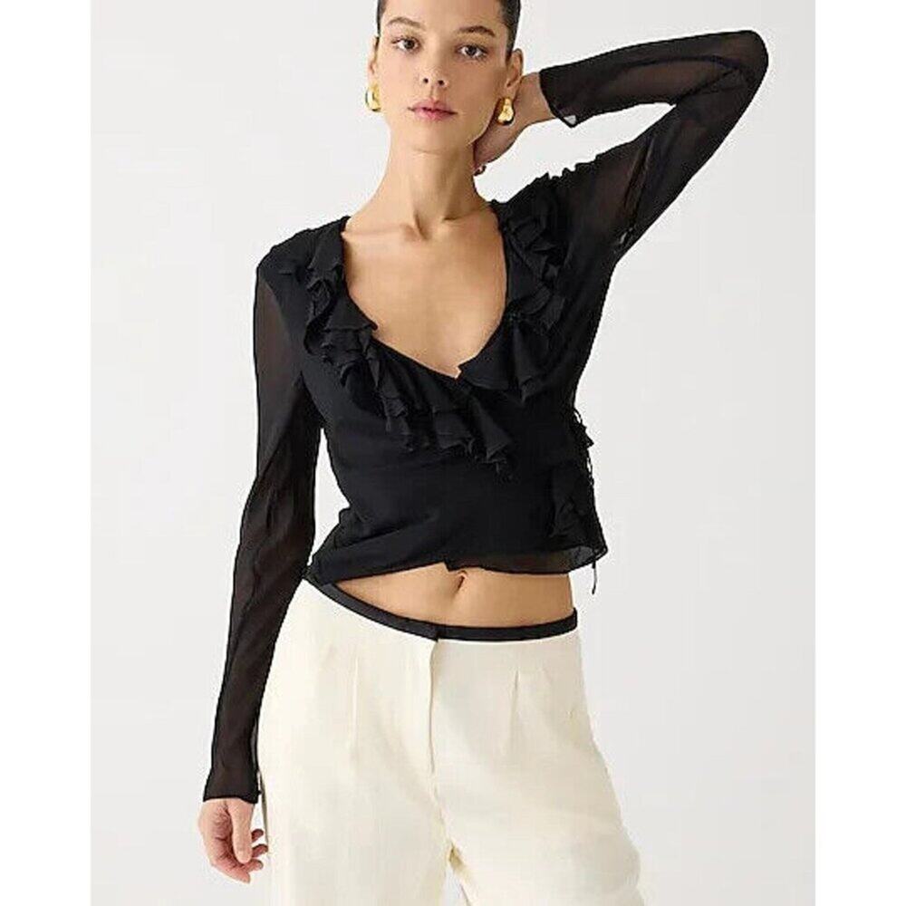 J. CREW Chiffon Ruffle Wrap Long Sleeve Top Black